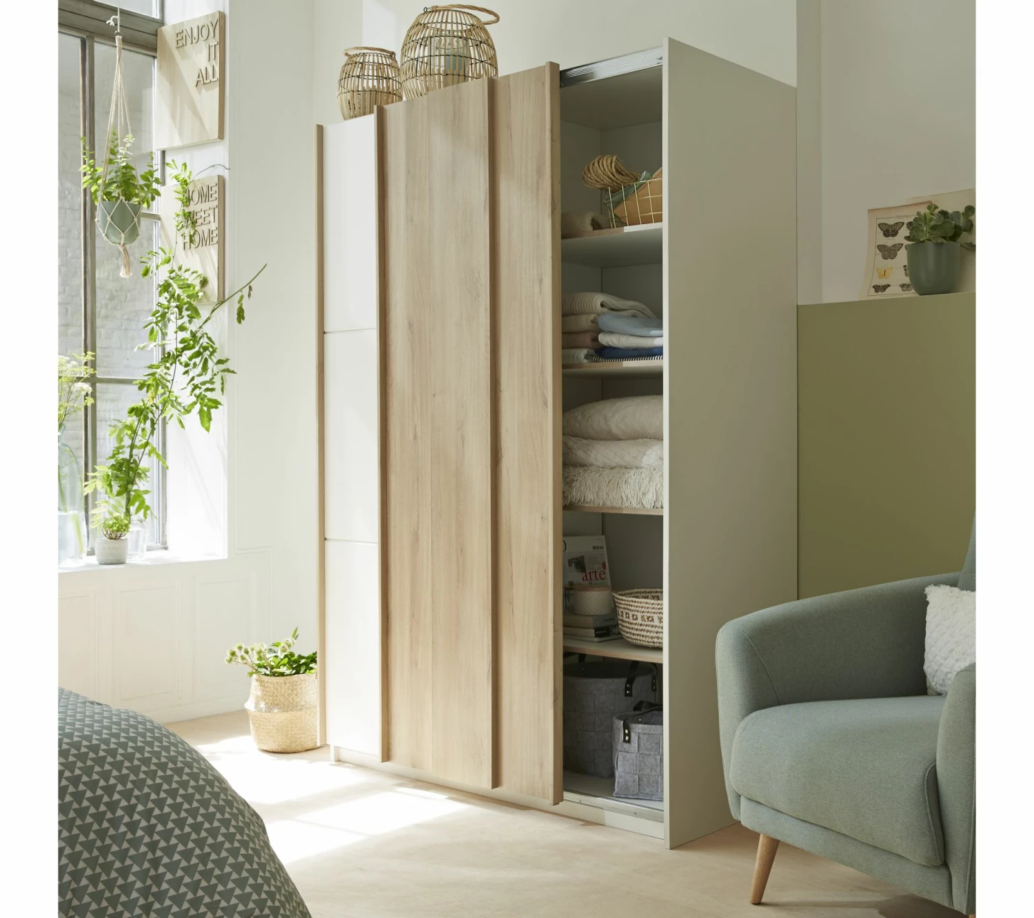 De gros 🎉 LINEA NATURA Armoire 2 portes coulissantes L.140 cm HEVA imitation chêne et blanc 😉 11 De gros 🎉 LINEA NATURA Armoire 2 portes coulissantes L.140 cm HEVA imitation chêne et blanc 😉 – Image 9