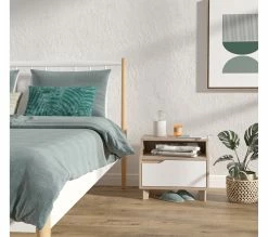 Nouveau 👍 LINEA NATURA Chevet 1 tiroir 1 niche Nordic imitation chêne et blanc 👍