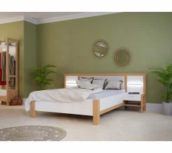 Meilleure affaire 😍 LINEA NATURA Lit 140x190 cm chevets et LED intégrés OMBRONE blanc et imitation chêne ✔️